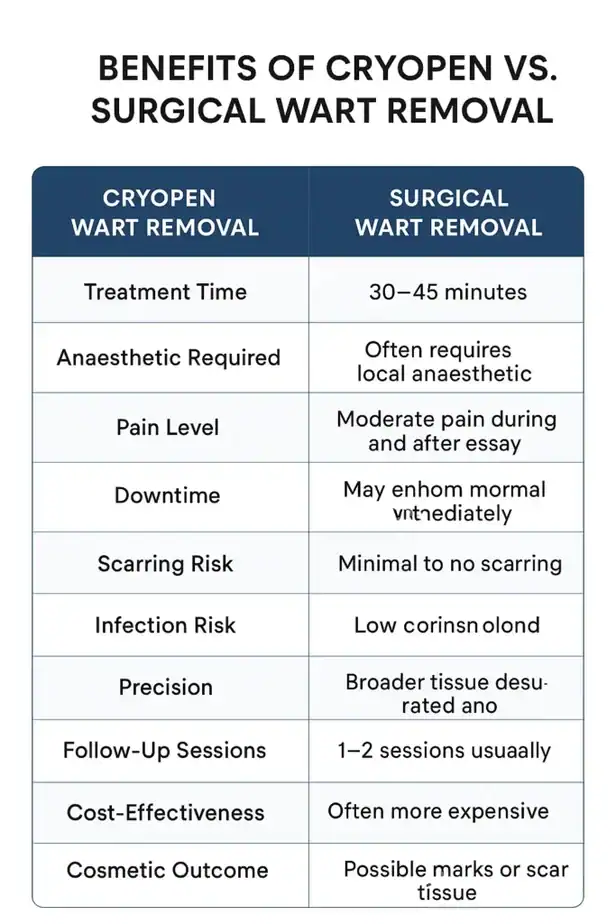 Table showing the benefits of cryopen to remove warts Scottish compared to surgical treatment